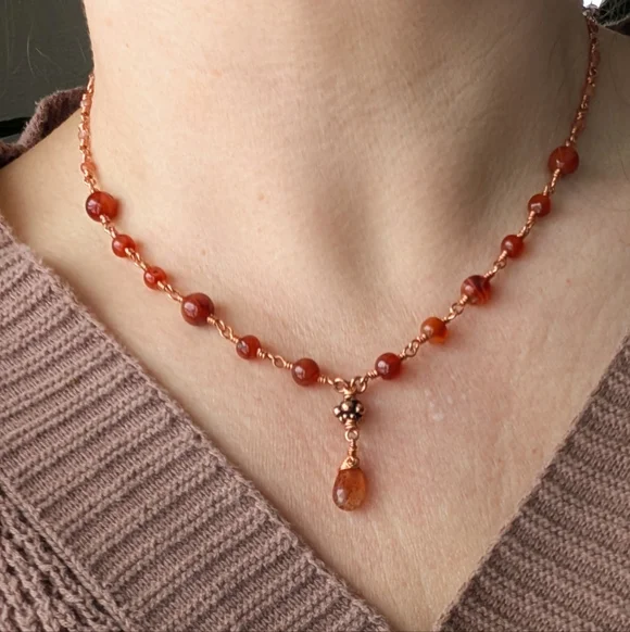 Elegant Carnelian Agate Necklace Artisan Crafted Copper Chain - Picture 6 of 15